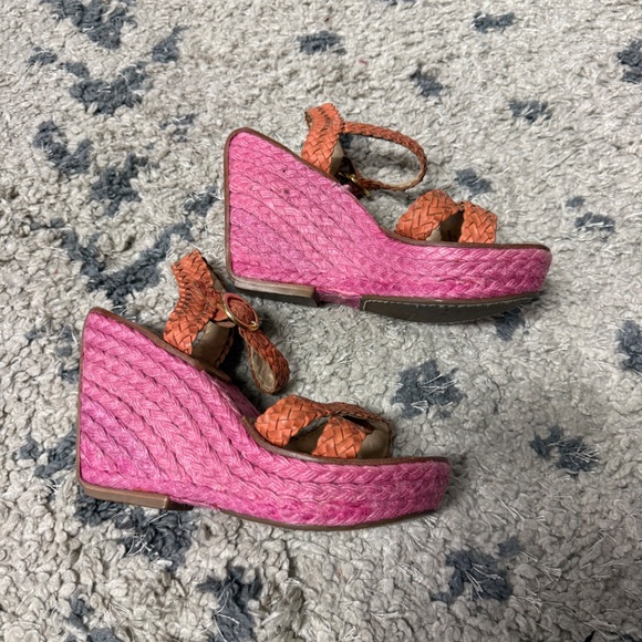Diane von Furstenberg Pink Woven Wedge Orange Leather Straps Sandals Size 7M - Picture 3 of 10